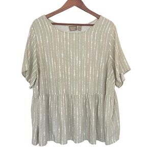 Naturals d&co Womens Peplum Top 1X Green Linen Blend Striped Short Sleeve Blouse